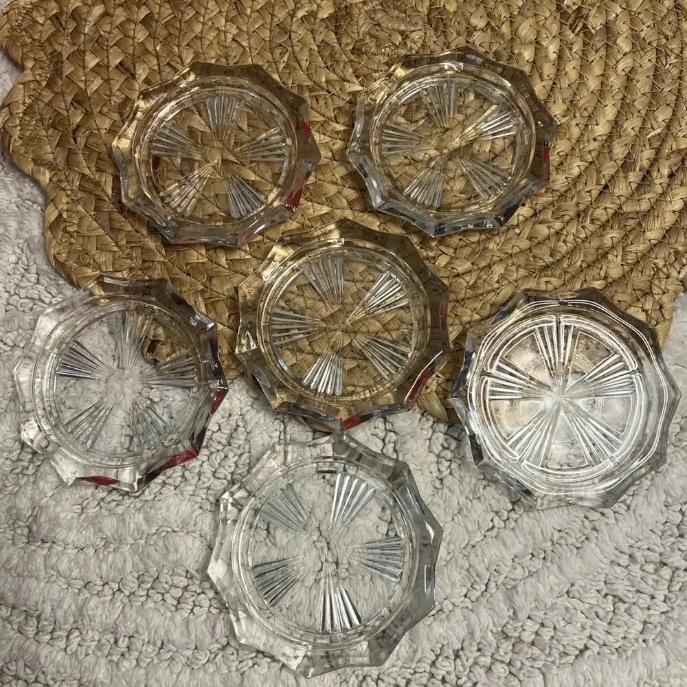 Vintage Set of 6 Glass Coasters Reins France Sunburst Decagon Pattern Art Deco